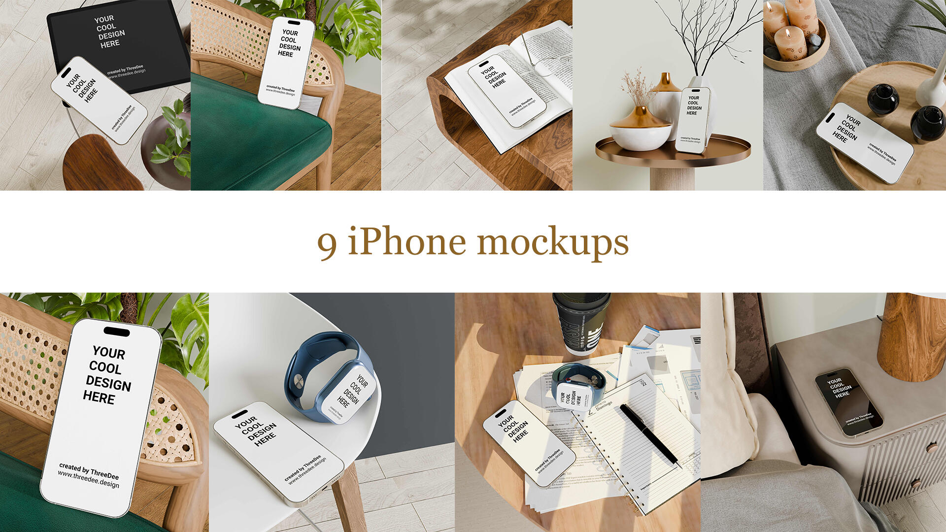 30 Premium 3D mockups of Apple, Samsung, iPad, iPhone, Apple watch and Samsung Gear in cosy style