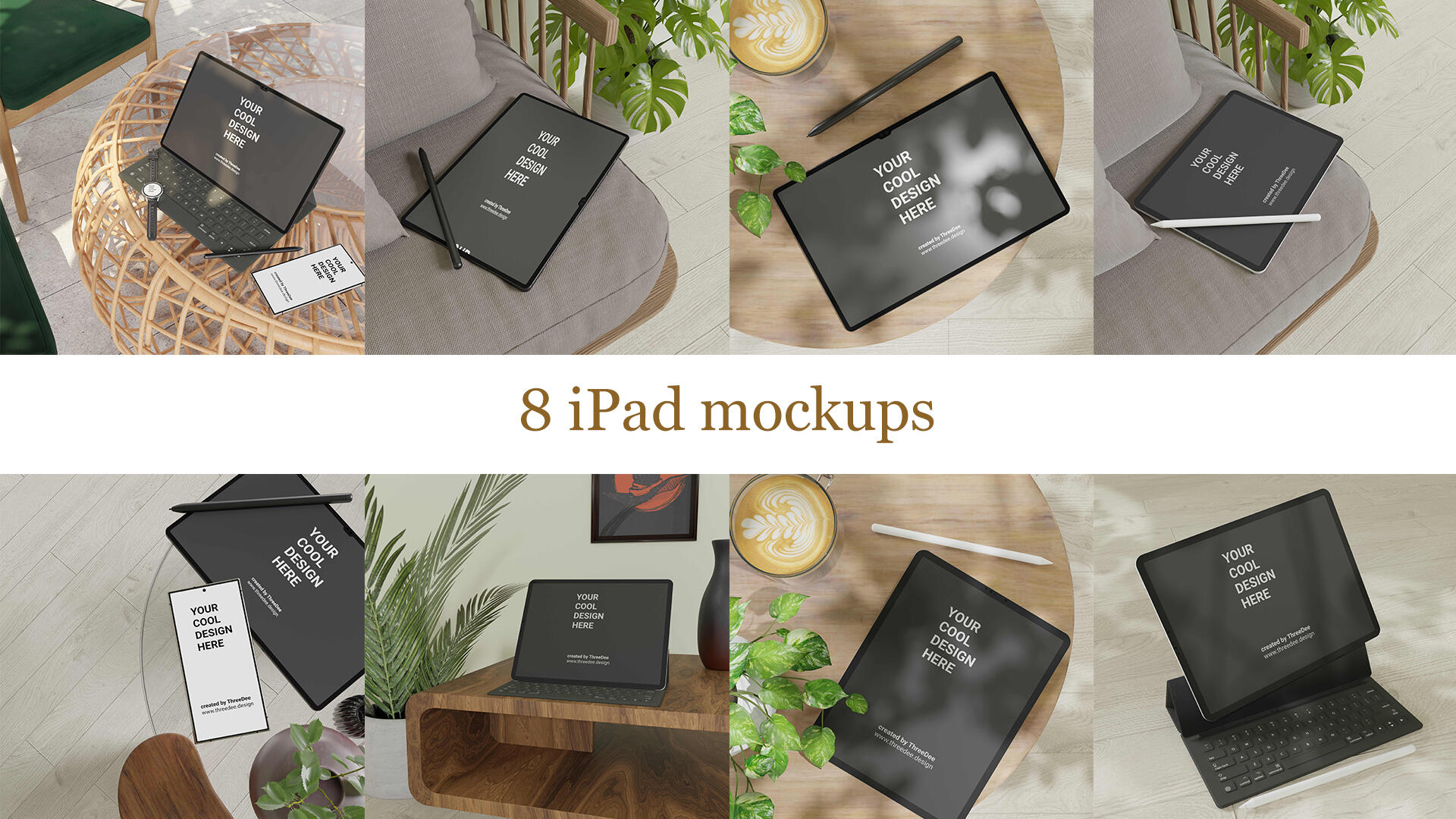 30 Premium 3D mockups of Apple, Samsung, iPad, iPhone, Apple watch and Samsung Gear in cosy style
